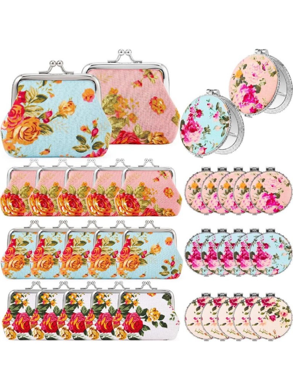 30 Pcs Floral Coin Purse with Mirror - Indian Pooja Return Gifts, Silver Edge